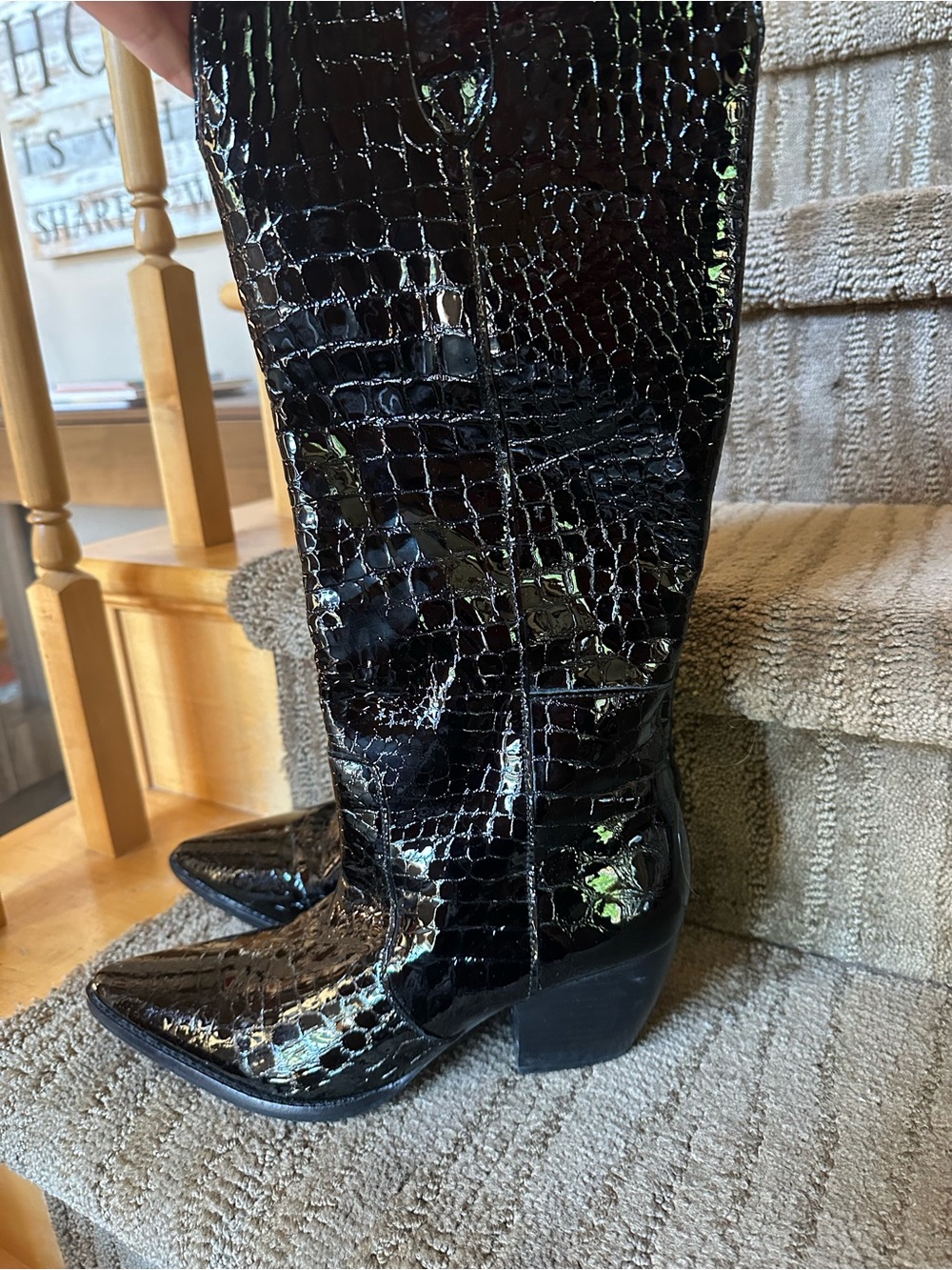 Matisse Black Croc-Embossed Pointed Toe Knee Boots western women’s 10